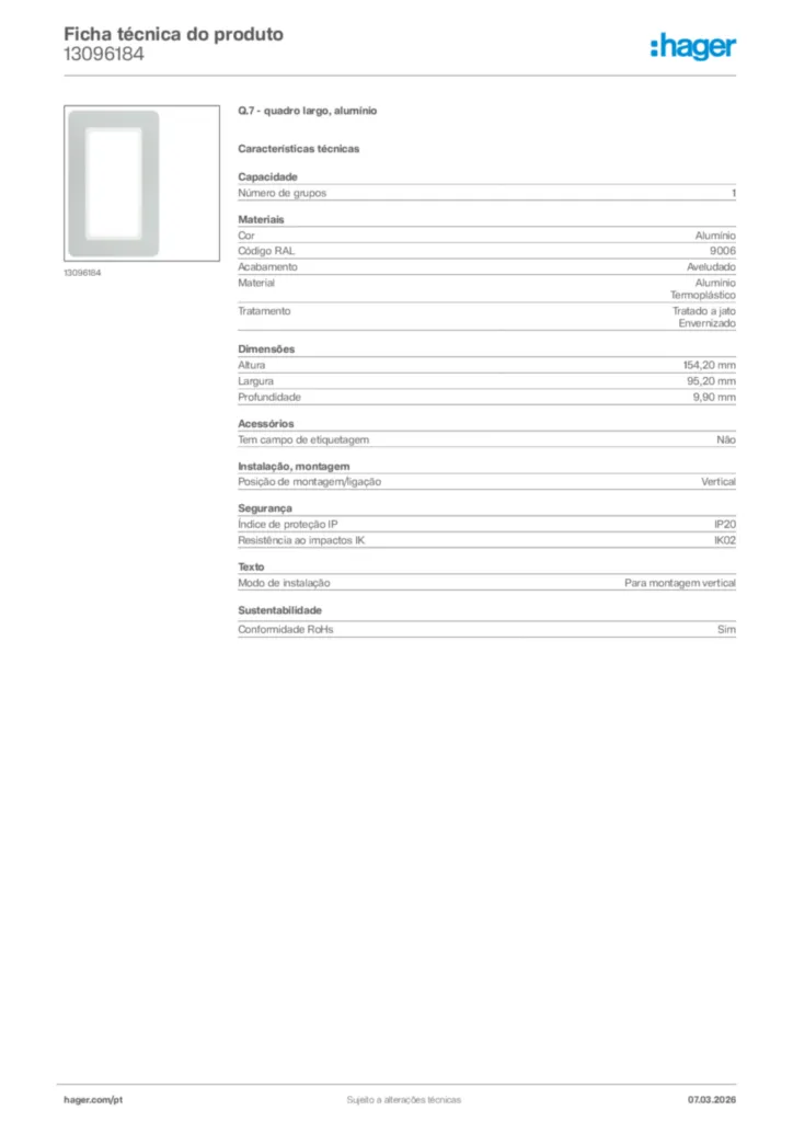 Imagem Hager Ficha técnica do produto 13096184 | Hager Portugal