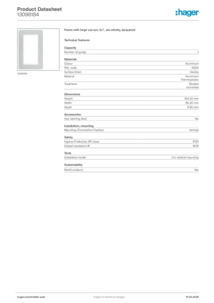 Image Hager Product data sheet 13096184  | Hager