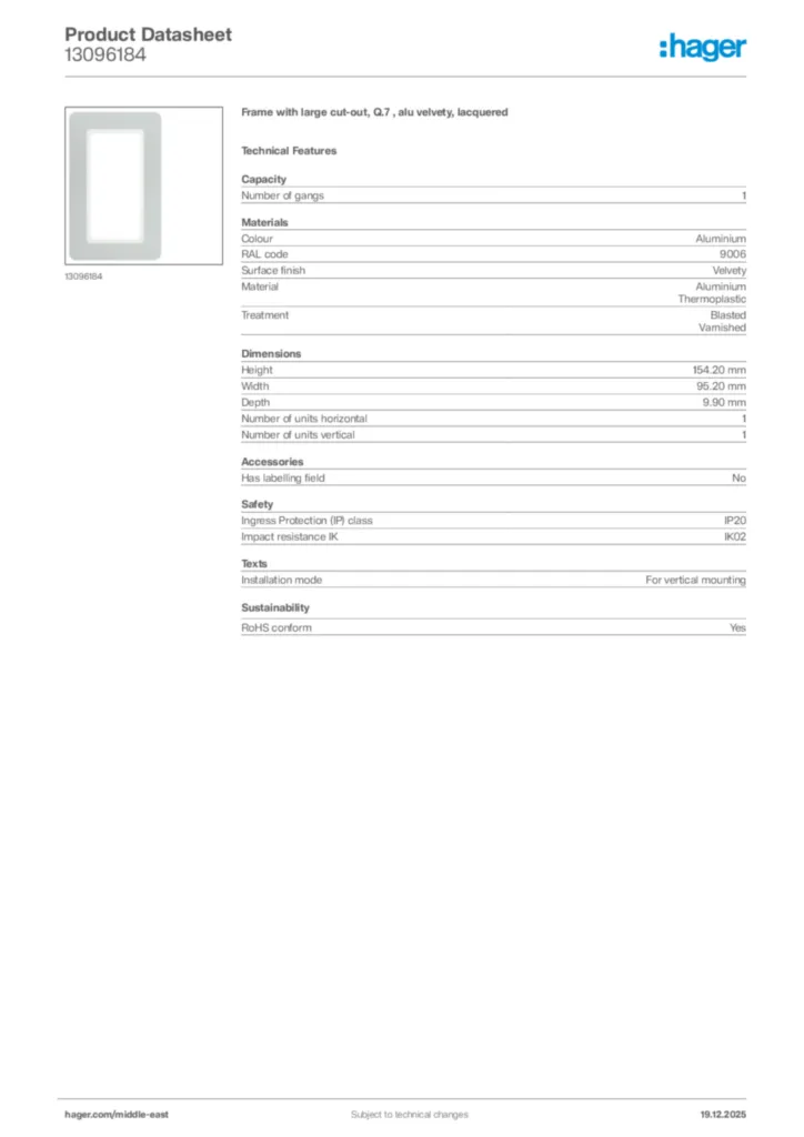 Image Hager Product data sheet 13096184  | Hager