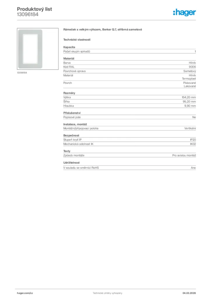 Obrázek Hager Product data sheet 13096184 | Hager