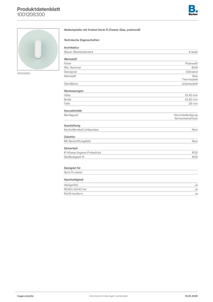 Bild Berker Produktdatenblatt 1001208300 | Hager Deutschland