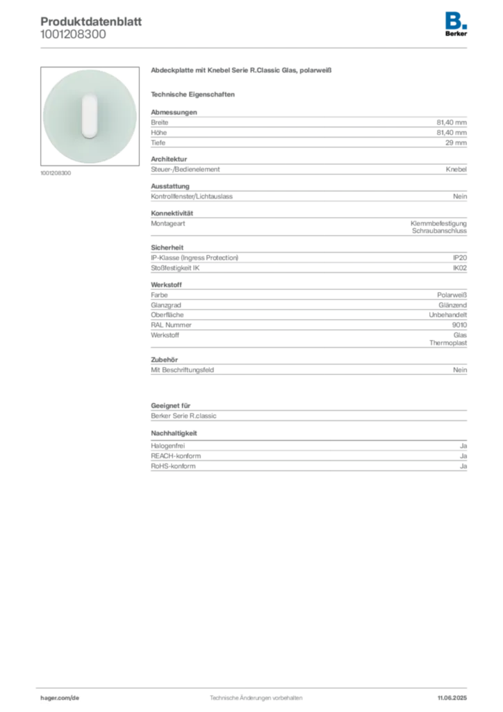 Bild Berker Produktdatenblatt 1001208300 | Hager Deutschland