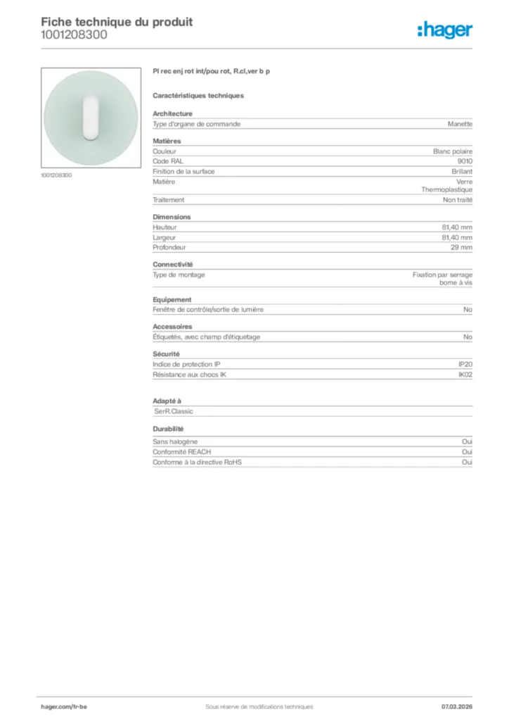 Image Hager Fiche technique du produit 1001208300 | Hager Belgique
