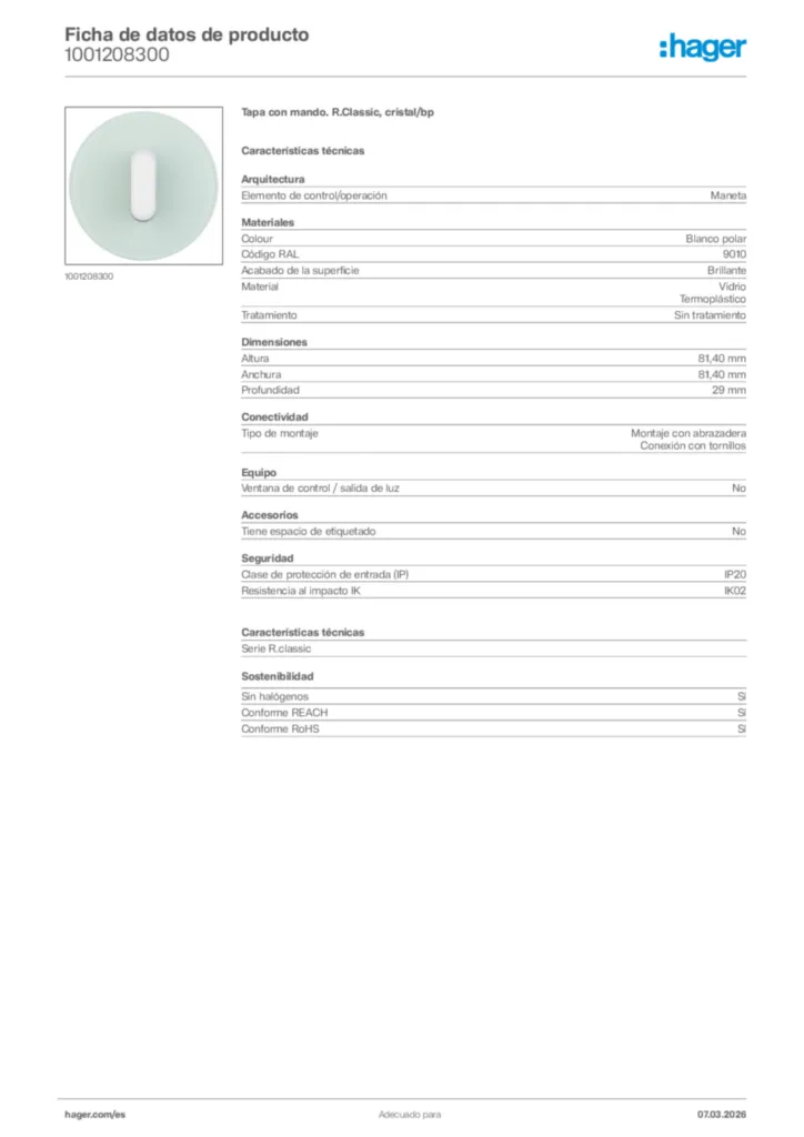 Imagen Hager Ficha de datos de producto 1001208300 | Hager España