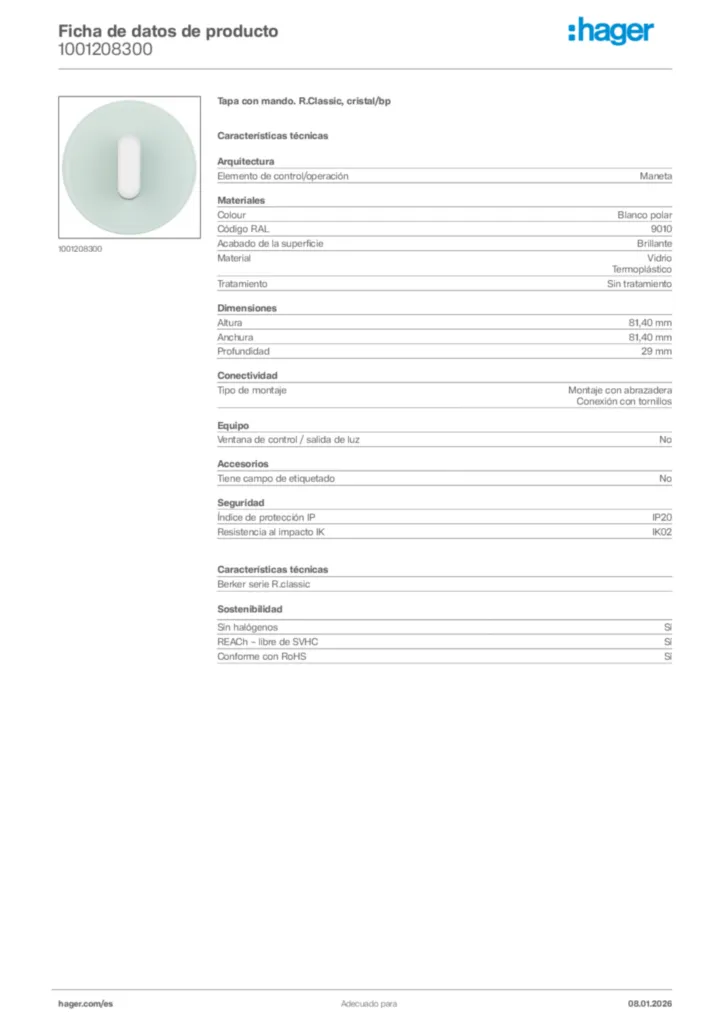 Imagen Hager Ficha de datos de producto 1001208300 | Hager España