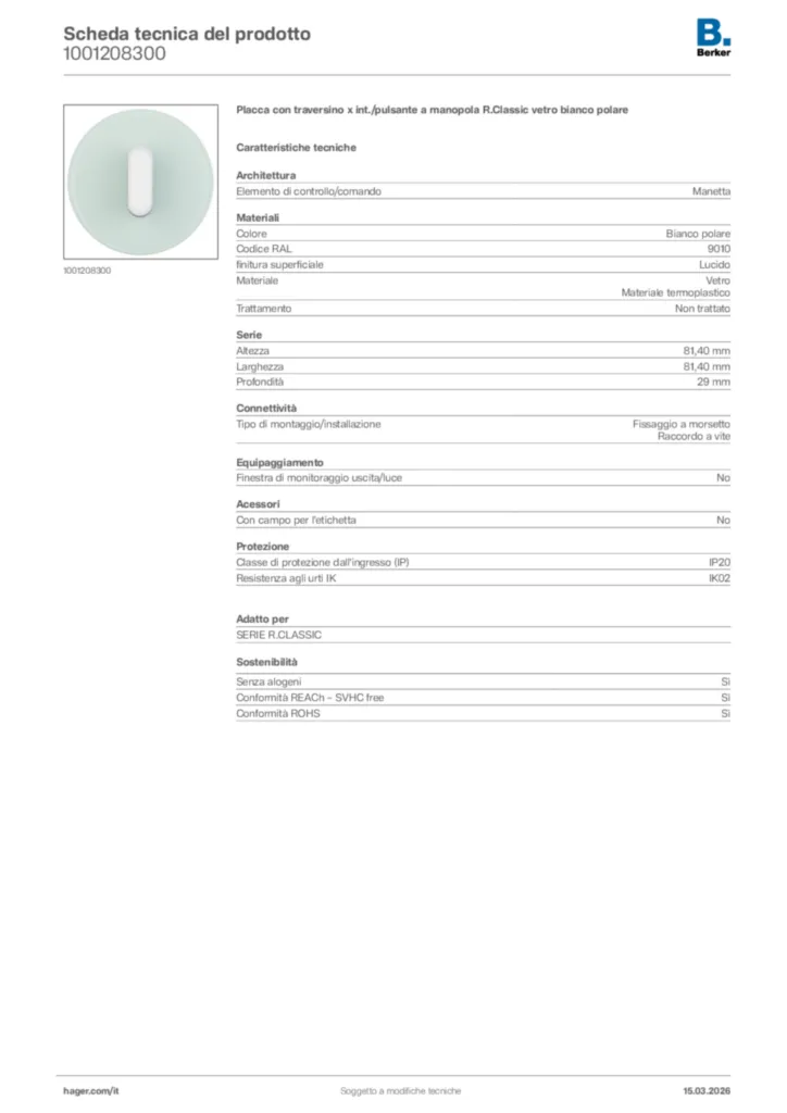 Immagine Berker Scheda tecnica del prodotto 1001208300 | Hager Italia