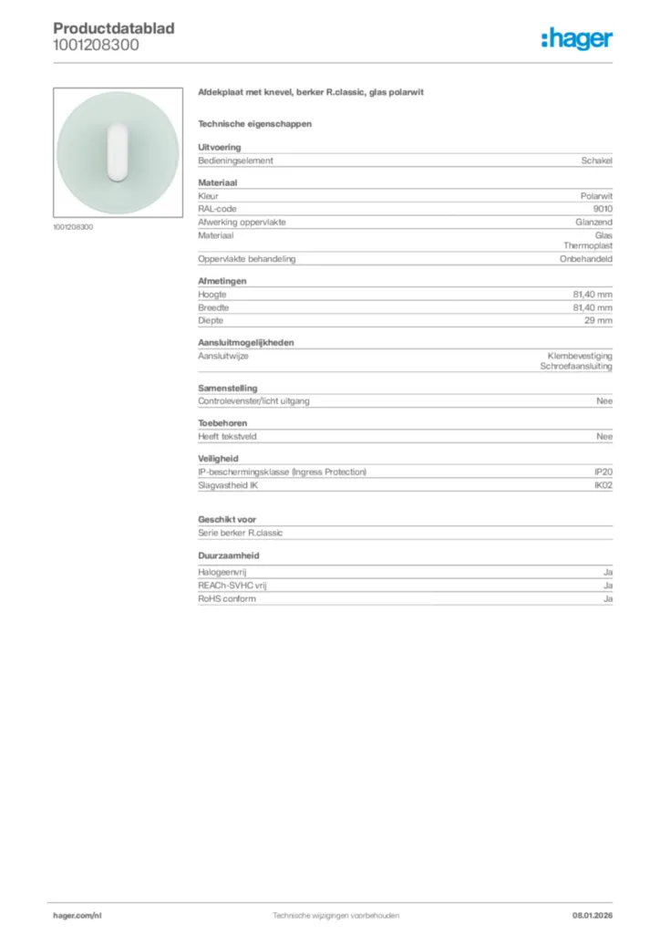 Afbeelding Hager Productdatablad 1001208300 | Hager Nederland