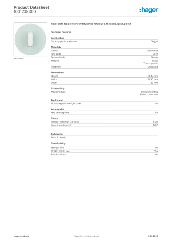 Image Hager Product data sheet 1001208300  | Hager