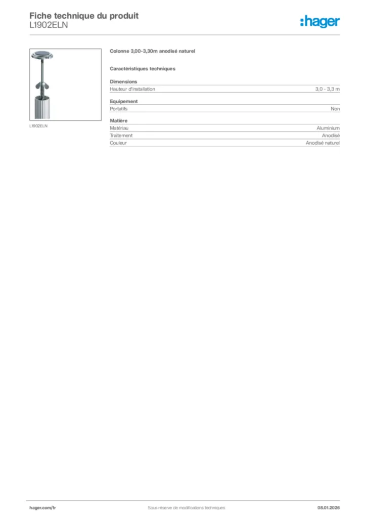 Image Hager Fiche technique du produit L1902ELN | Hager France