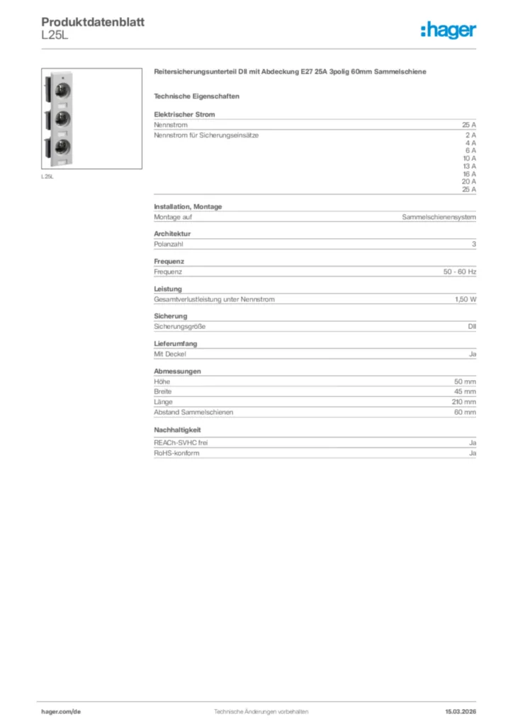Bild Hager Produktdatenblatt L25L | Hager Deutschland