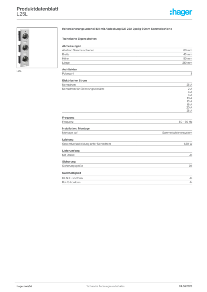 Bild Hager Produktdatenblatt L25L | Hager Deutschland
