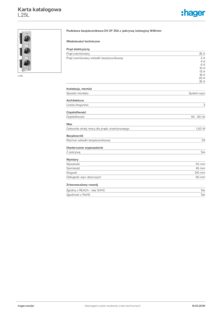 Zdjęcie Hager Karta katalogowa L25L | Hager Polska