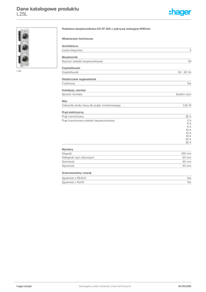 Zdjęcie Hager Karta katalogowa L25L | Hager Polska