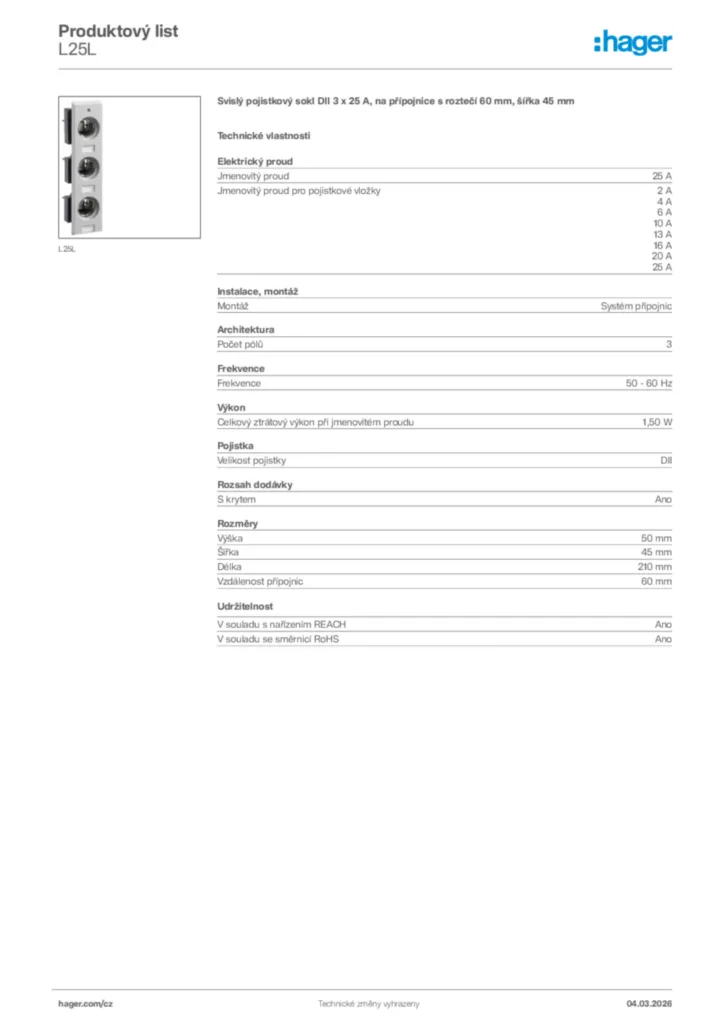 Obrázek Hager Product data sheet L25L | Hager
