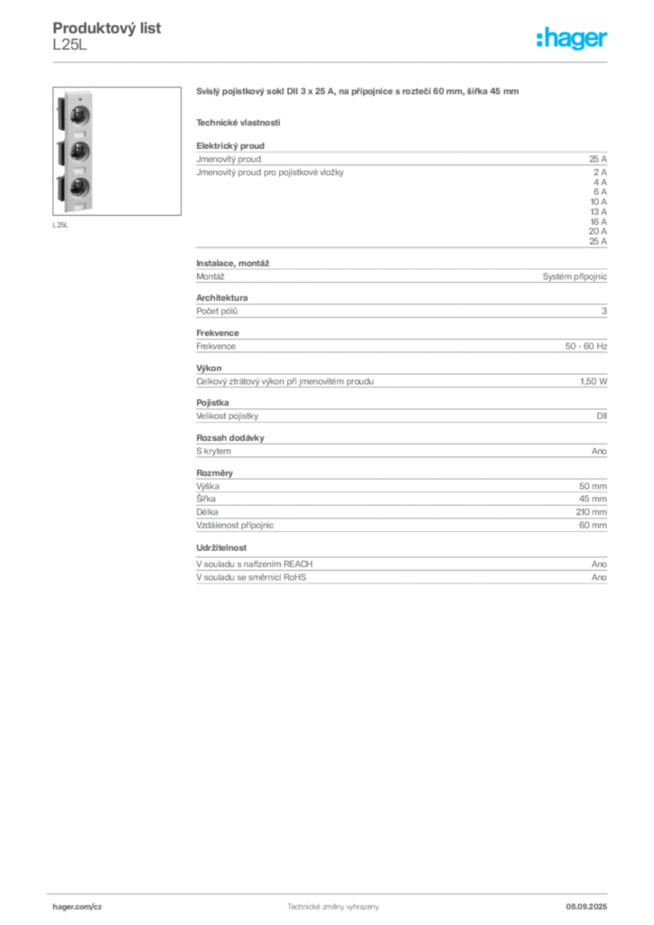 Obrázek Hager Produktový list L25L | Hager
