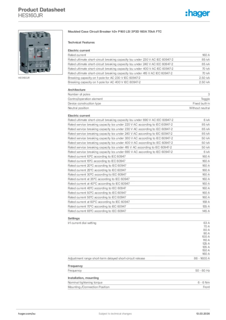 Image Hager Product data sheet HES160JR  | Hager Australia