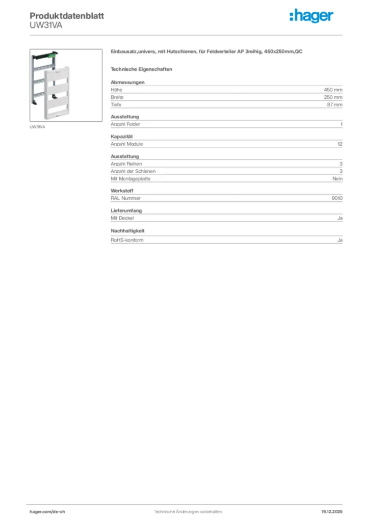Bild Hager Produktdatenblatt UW31VA | Hager Schweiz