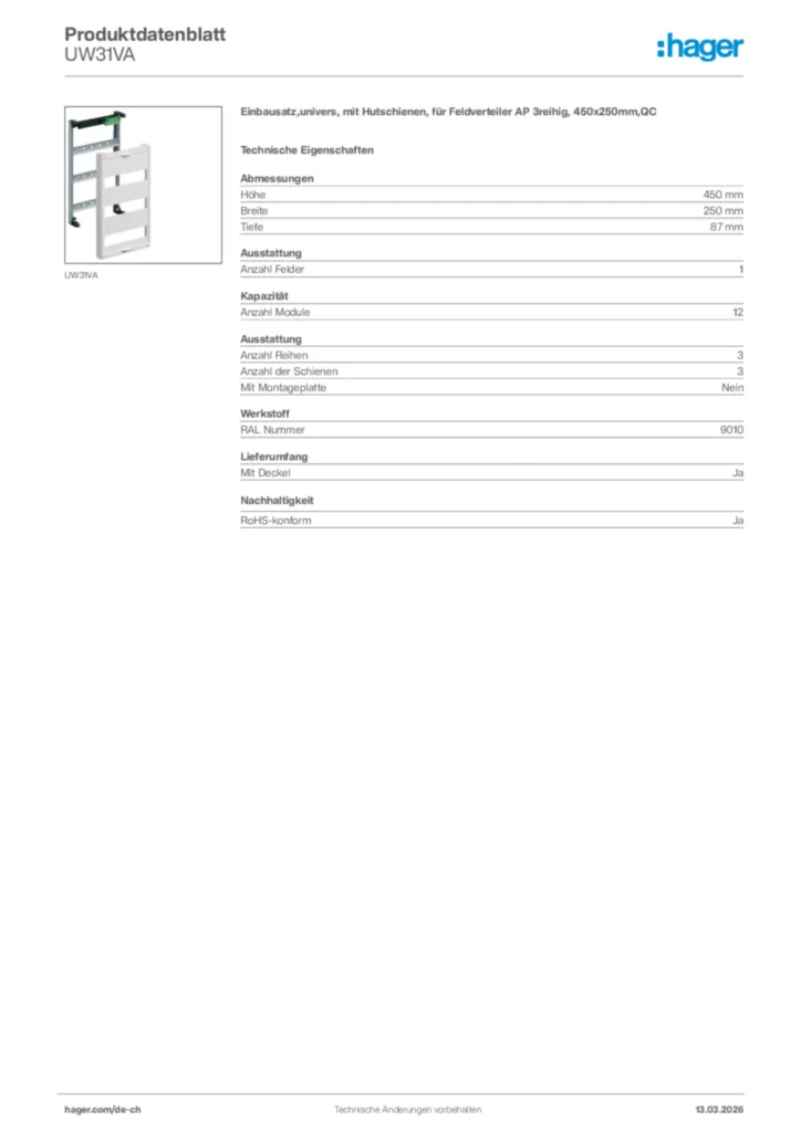 Bild Hager Produktdatenblatt UW31VA | Hager Schweiz