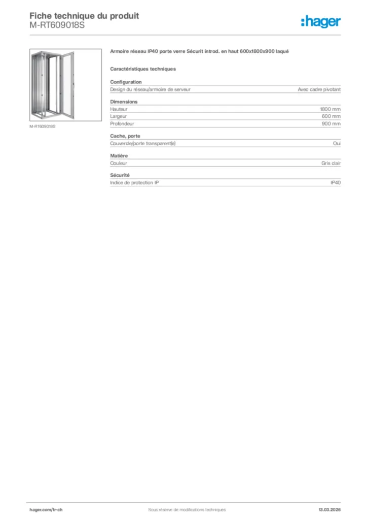 Image Hager Fiche technique du produit M-RT609018S | Hager Suisse