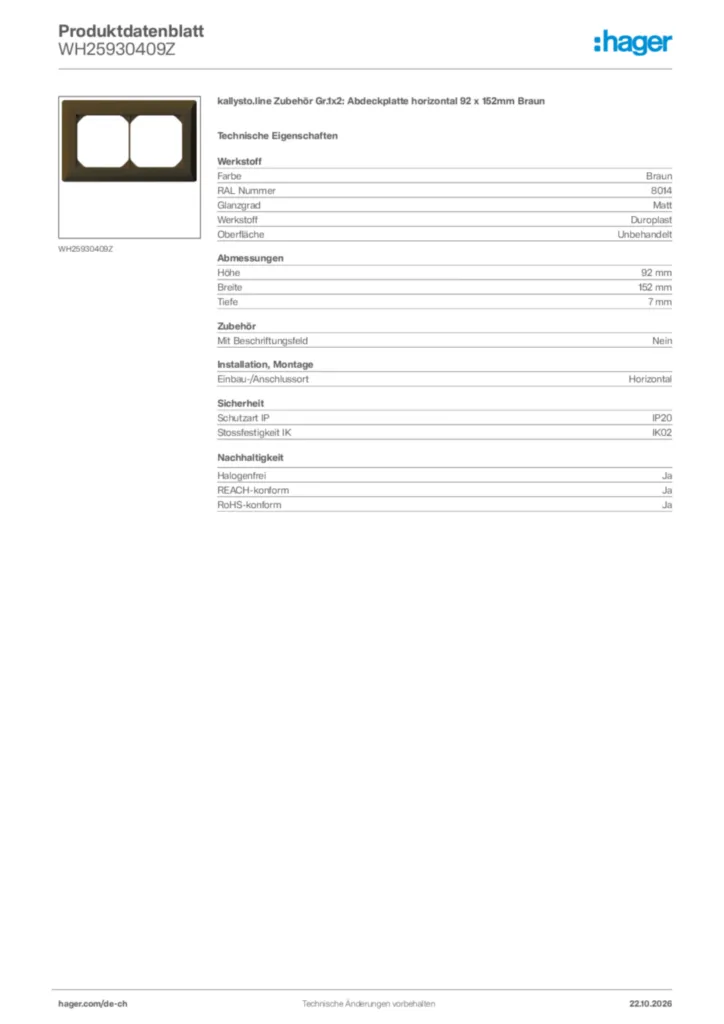 Bild Hager Produktdatenblatt WH25930409Z | Hager Schweiz