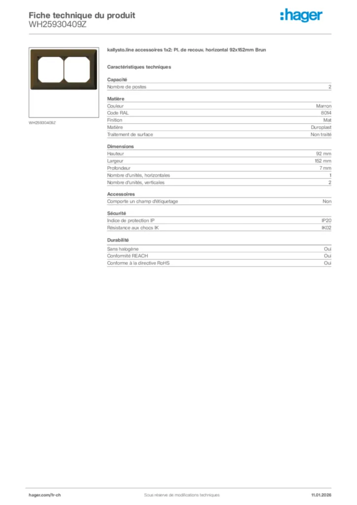 Image Hager Fiche technique du produit WH25930409Z | Hager Suisse