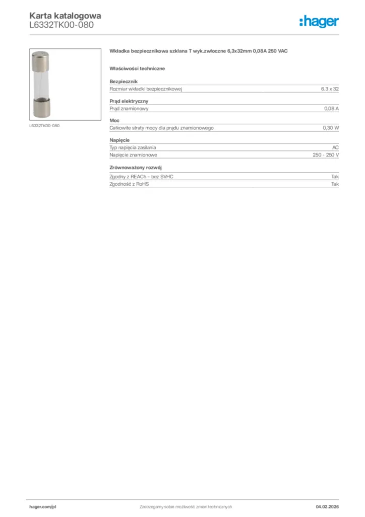 Zdjęcie Hager Karta katalogowa L6332TK00-080 | Hager Polska