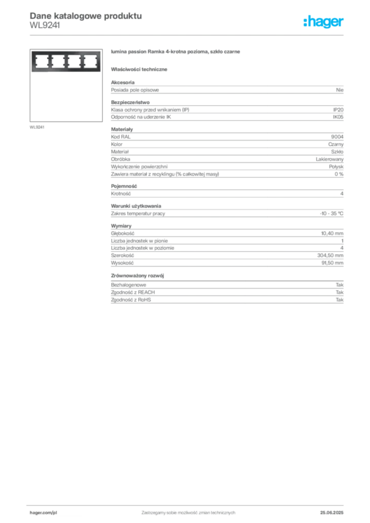 Zdjęcie Hager Karta katalogowa WL9241 | Hager Polska