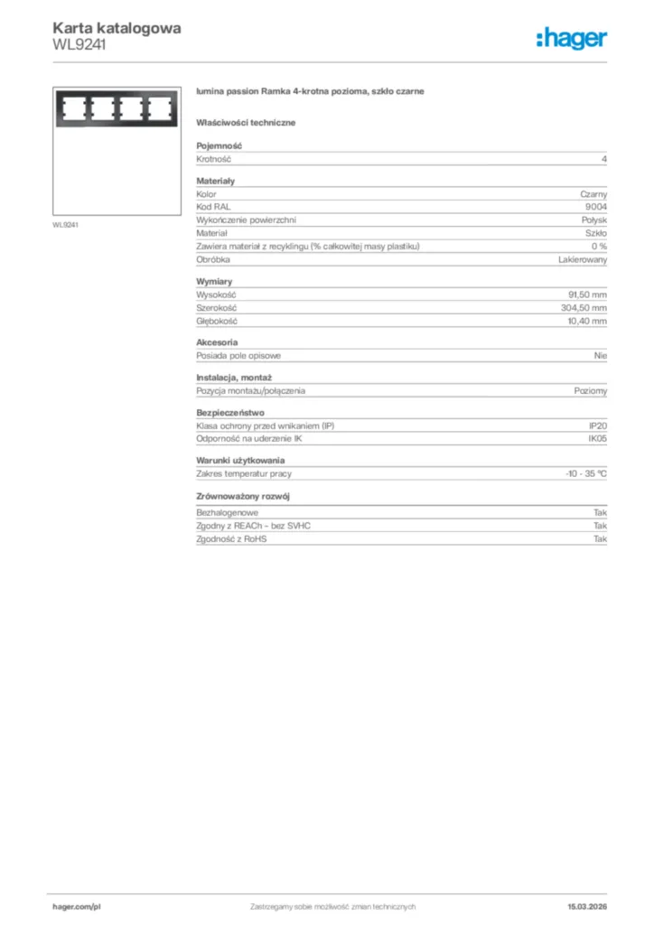 Zdjęcie Hager Karta katalogowa WL9241 | Hager Polska
