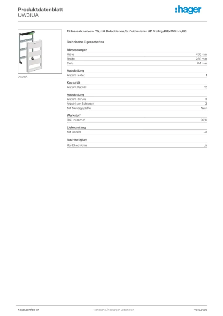 Bild Hager Produktdatenblatt UW31UA | Hager Schweiz