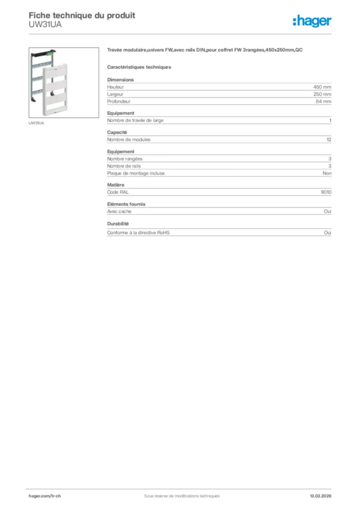 Image Hager Fiche technique du produit UW31UA | Hager Suisse
