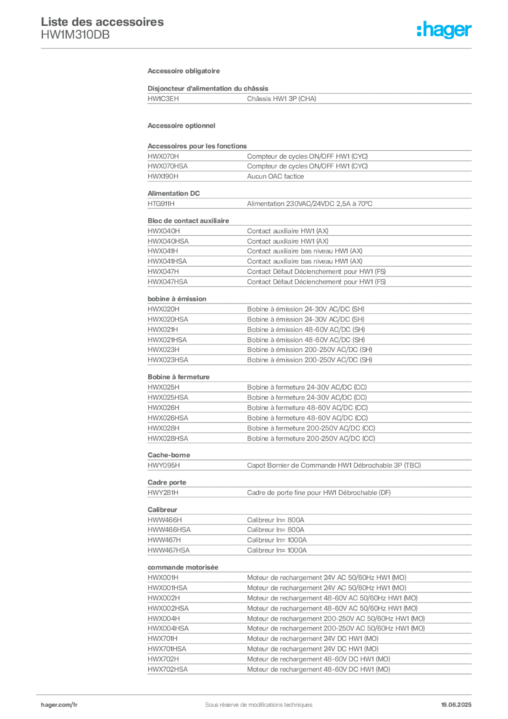 Image Hager Fiche technique du produit HW1M310DB | Hager France