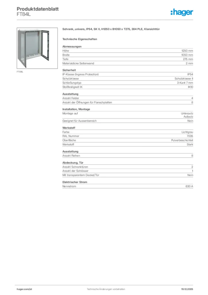 Bild Hager Produktdatenblatt FT84L | Hager Deutschland