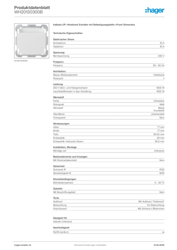 Bild Hager Produktdatenblatt WH20130300B | Hager Schweiz