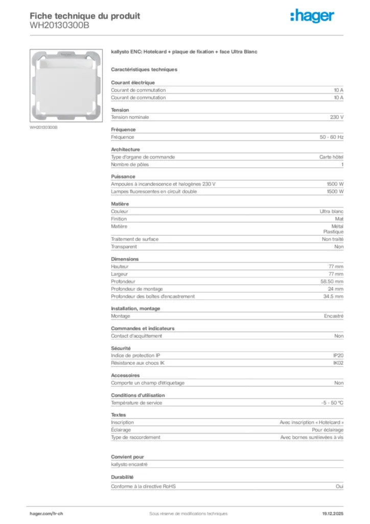 Image Hager Fiche technique du produit WH20130300B | Hager Suisse