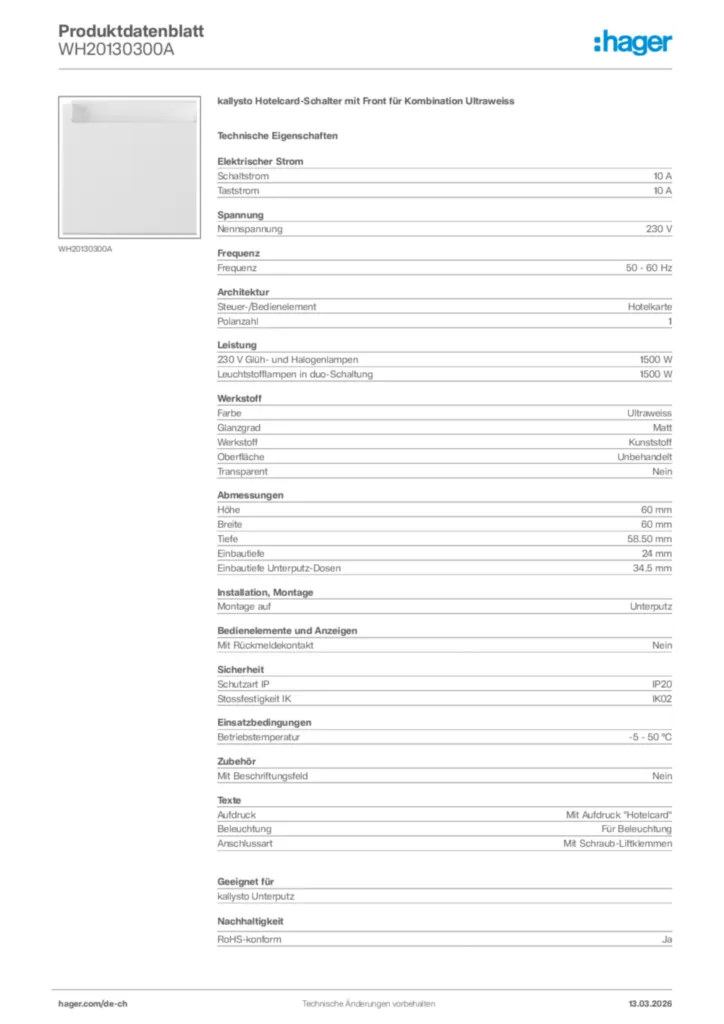 Bild Hager Produktdatenblatt WH20130300A | Hager Schweiz