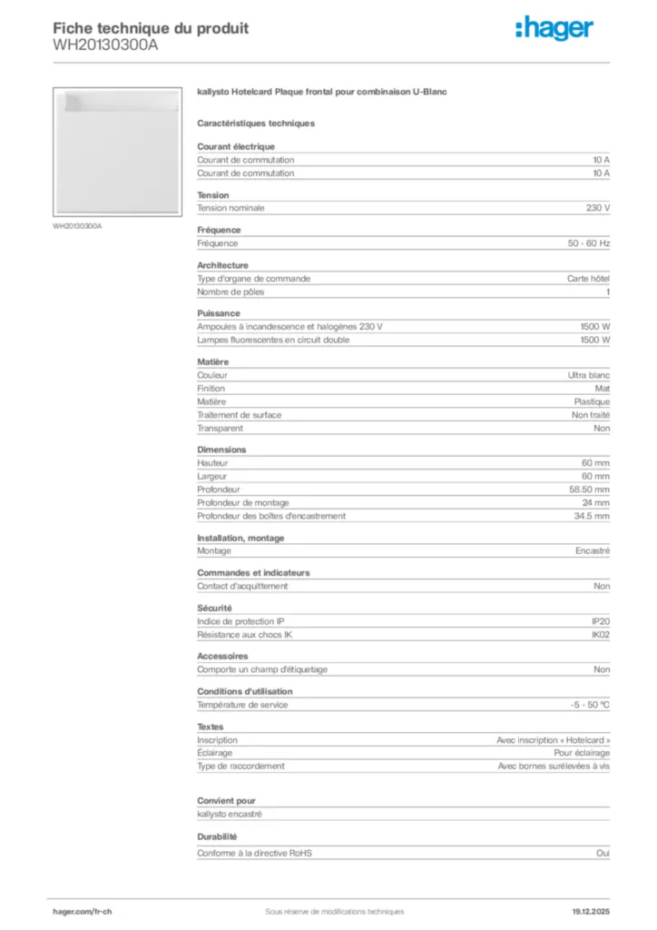Image Hager Fiche technique du produit WH20130300A | Hager Suisse