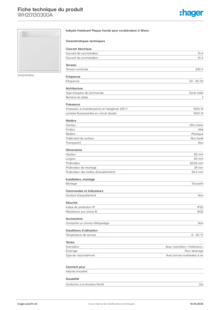 Image Hager Fiche technique du produit WH20130300A | Hager Suisse