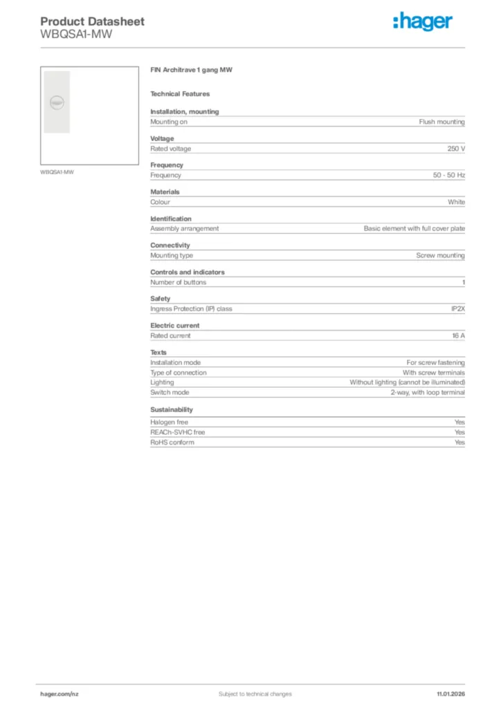 Image Hager Product data sheet WBQSA1-MW  | Hager New Zealand