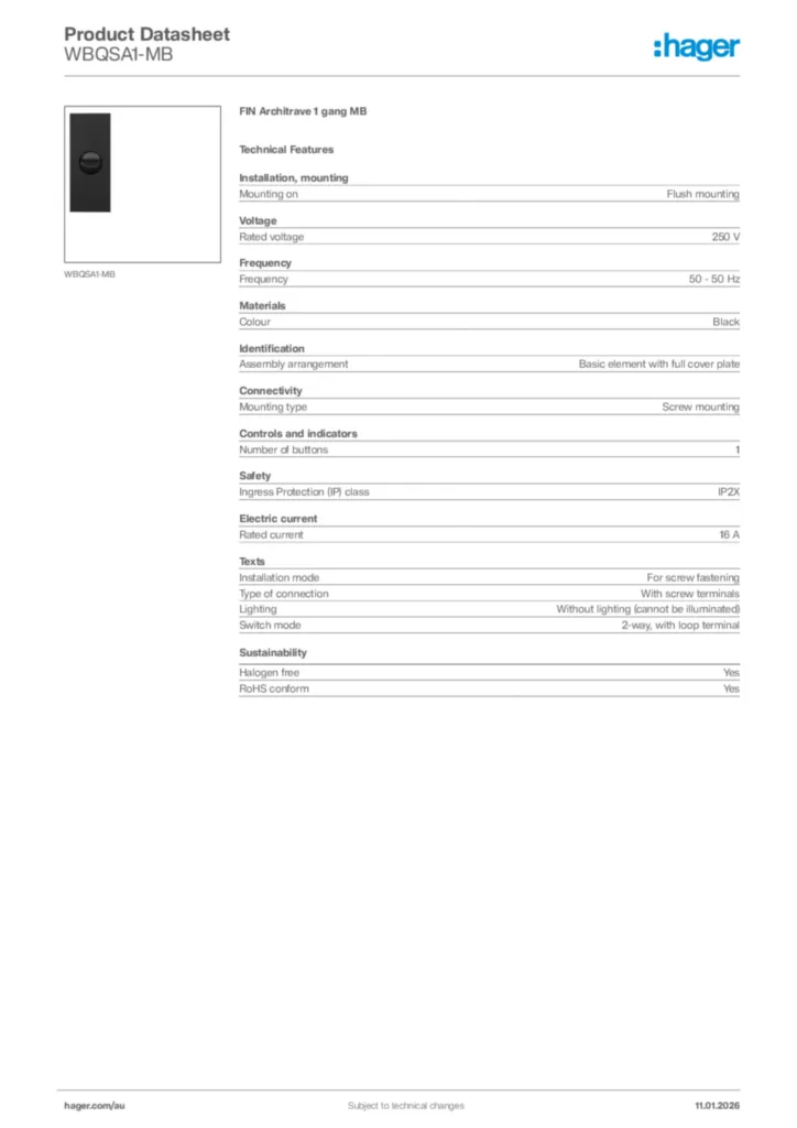 Image Hager Product data sheet WBQSA1-MB  | Hager Australia