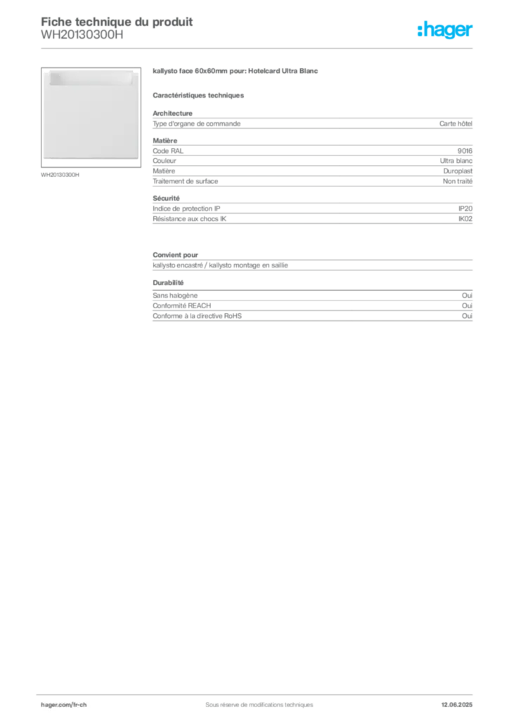 Image Hager Fiche technique du produit WH20130300H | Hager Suisse