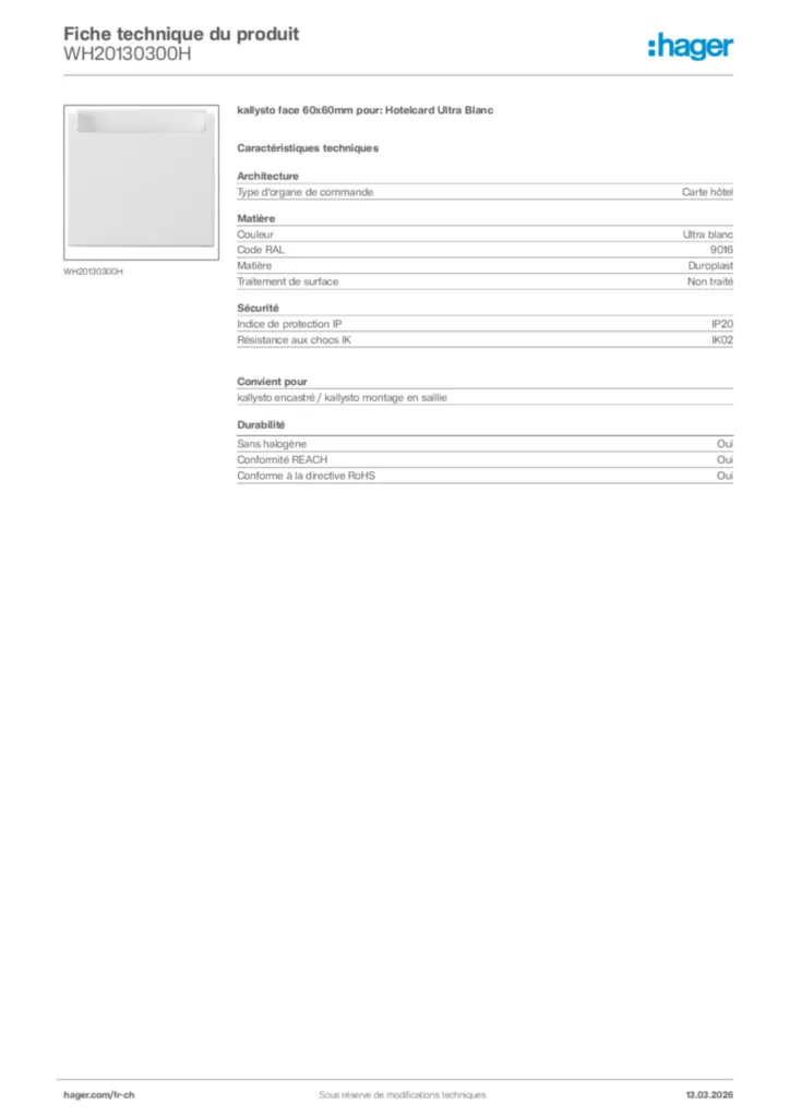Image Hager Fiche technique du produit WH20130300H | Hager Suisse