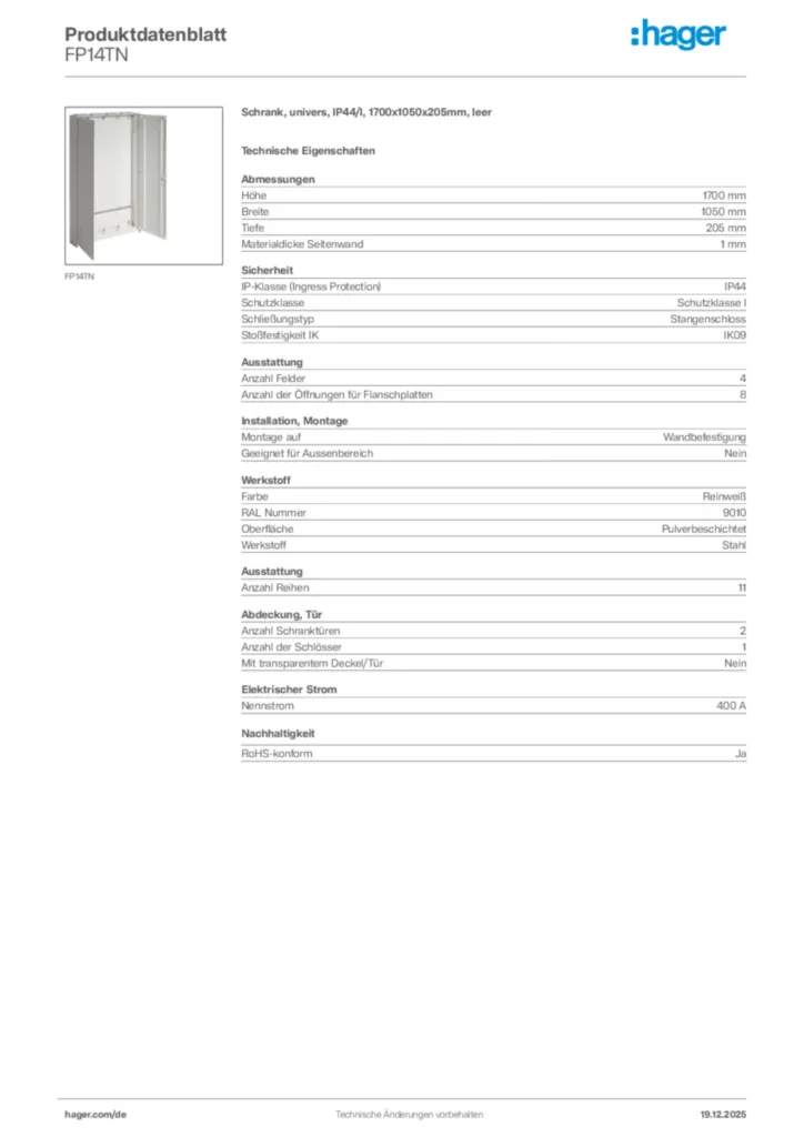 Bild Hager Produktdatenblatt FP14TN | Hager Deutschland