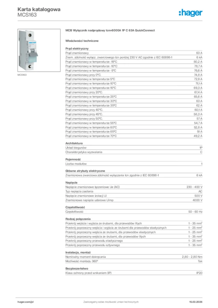 Zdjęcie Hager Karta katalogowa MCS163 | Hager Polska