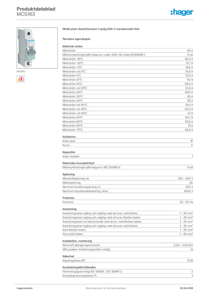 Bild Hager Produktdatablad MCS163 | Hager Sverige