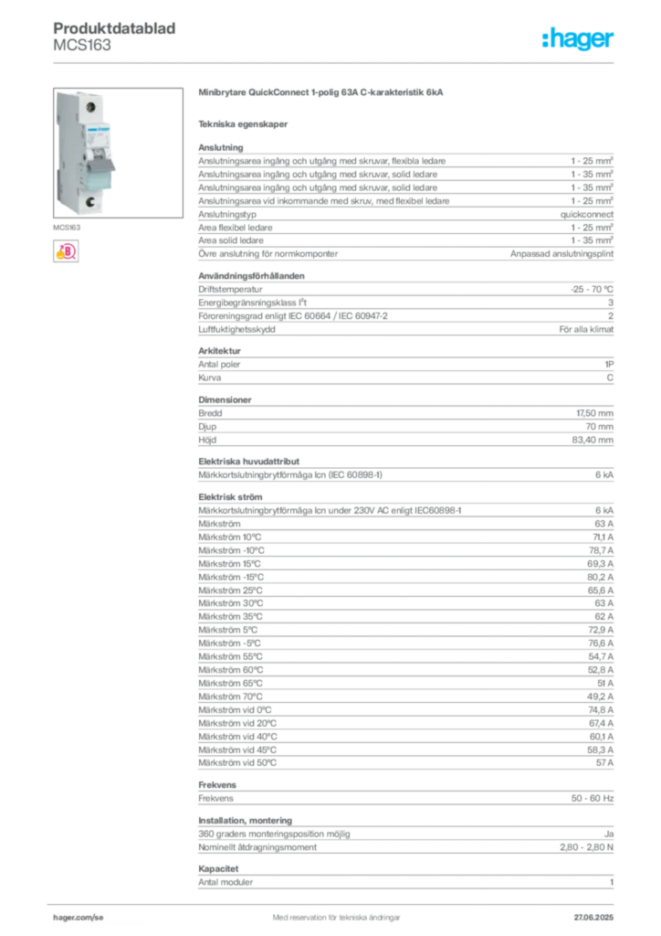 Bild Hager Produktdatablad MCS163 | Hager Sverige