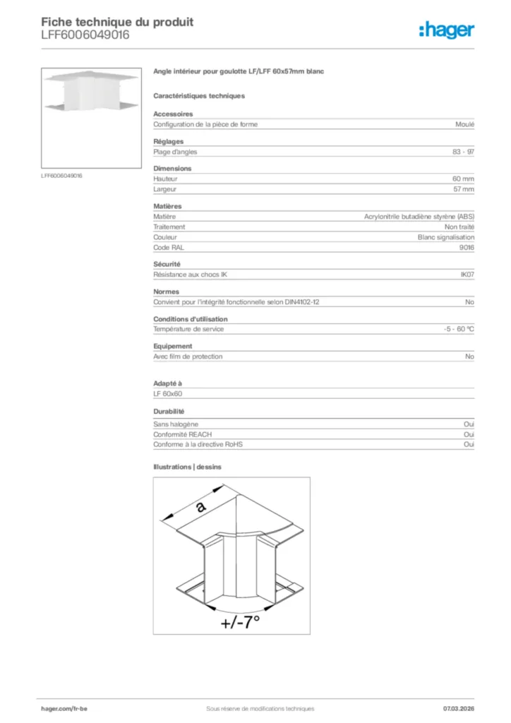 Image Hager Fiche technique du produit LFF6006049016 | Hager Belgique