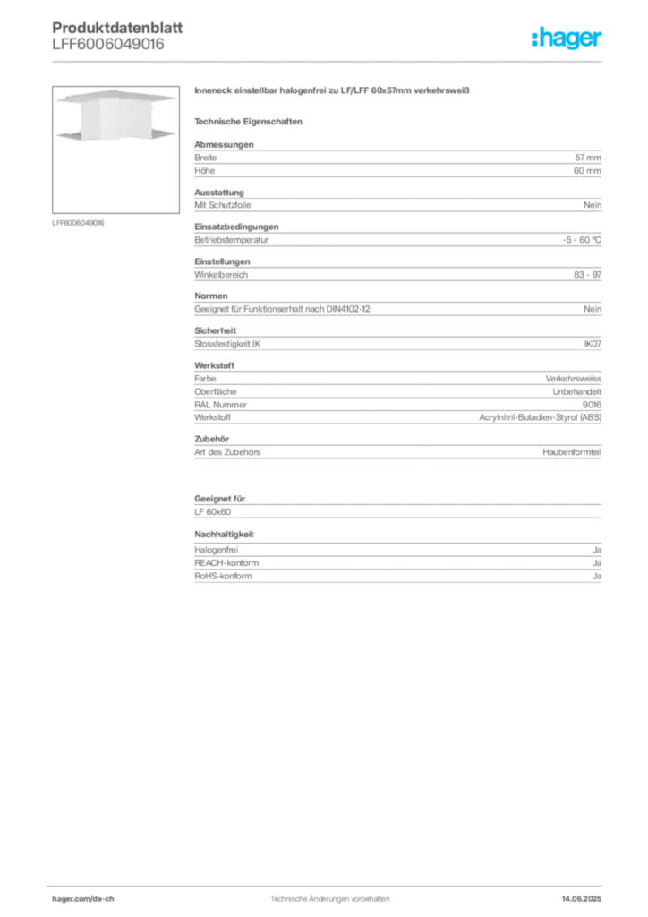 Bild Hager Produktdatenblatt LFF6006049016 | Hager Schweiz