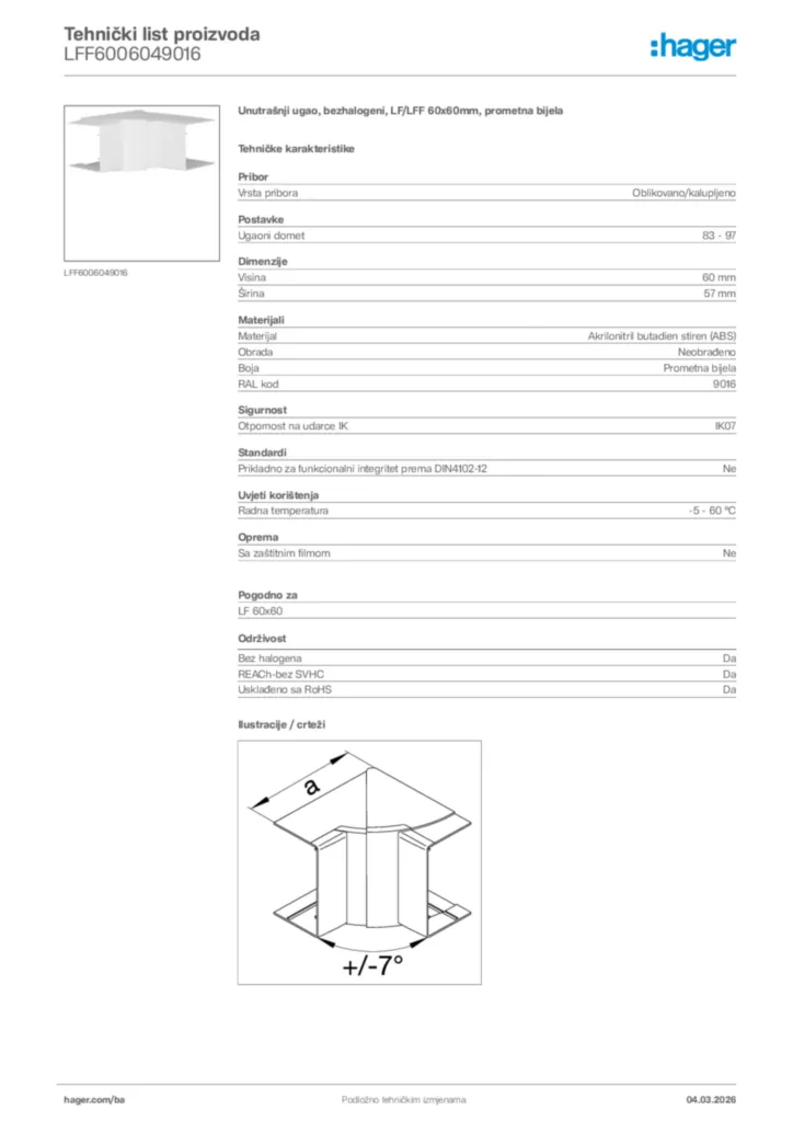 Slika Hager Tehnički list proizvoda LFF6006049016  | Hager