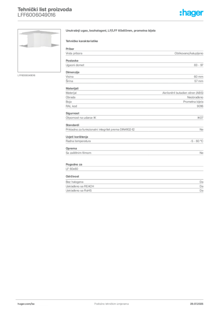 Slika Hager Product data sheet LFF6006049016  | Hager
