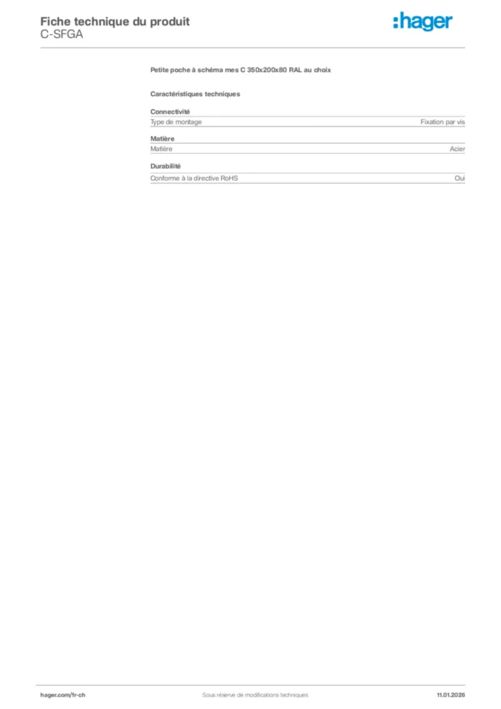 Image Hager Fiche technique du produit C-SFGA | Hager Suisse